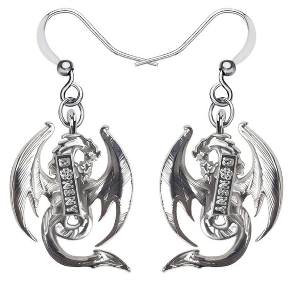 Silver and Multicolor Enamel Mythical Dragon Dangling French Wire Hook Earrings - Picture 5 of 5
